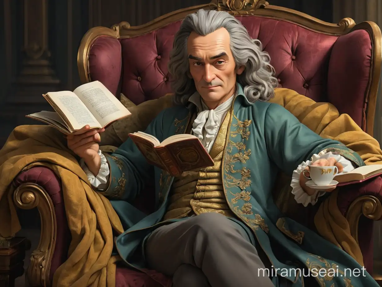 The philosopher Voltaire is sitting sprawled out in an armchair, he is content, holding a cup of coffee in one hand, holding a book in the other. He is dressed in an 18th century style robe. We see him full-length, with arms and legs. In the style of 3d animation, realism.