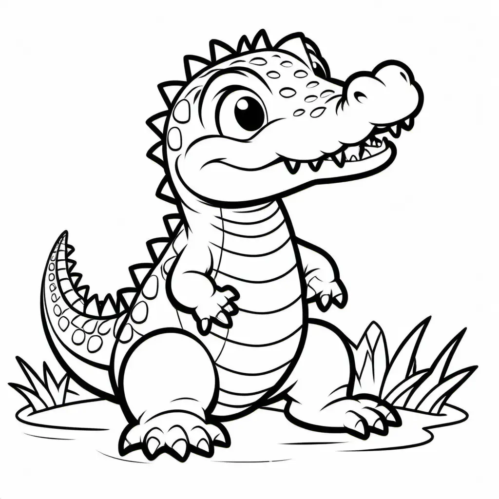 Baby crocodile 
For kid, Coloring Page, black and white, line art, white background, Simplicity, Ample White Space. The background of the coloring page is plain white to make it easy for young children to color within the lines. The outlines of all the subjects are easy to distinguish, making it simple for kids to color without too much difficulty