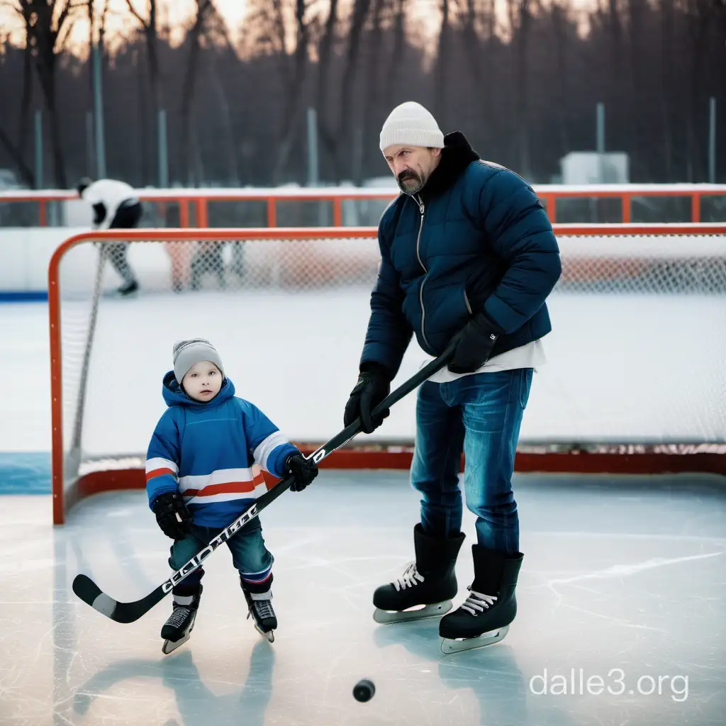 мужчина славянской внешности возраста 42 года играет в пас (хоккей) с сыном 3.5 года светленьким, славянской внешности. на хоккейной коробке зимой