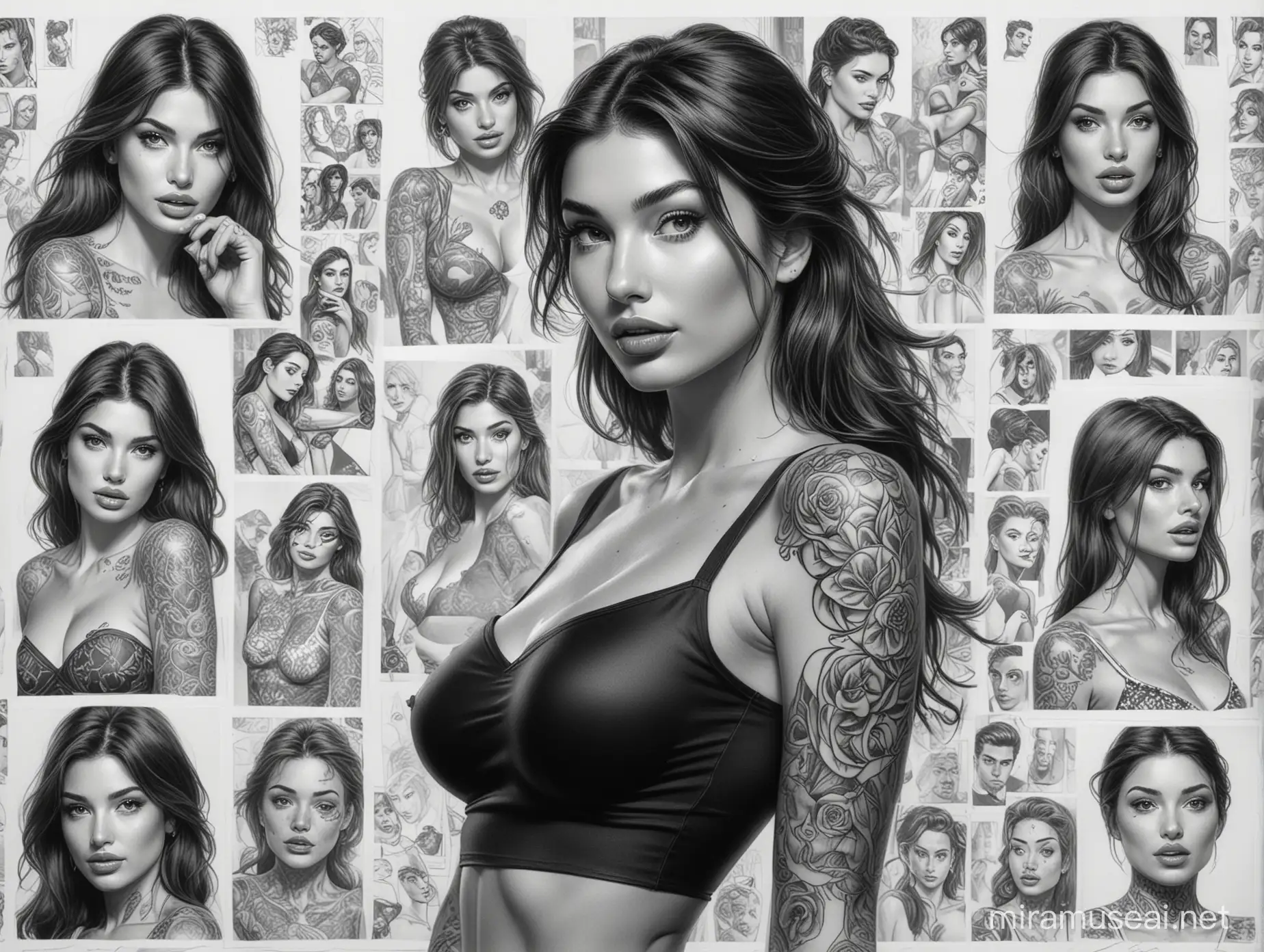 90's comic style, Black and White, Detailed Pencil sketches, Storyboard sheet with rows of Multiple sketches, Portraits of a sexy brunette woman, Camila Morrone, Covered in tattoos, Tiny short black dress, White Background. Zoom out view. Marvel comic style. High resolution.  High contrast.