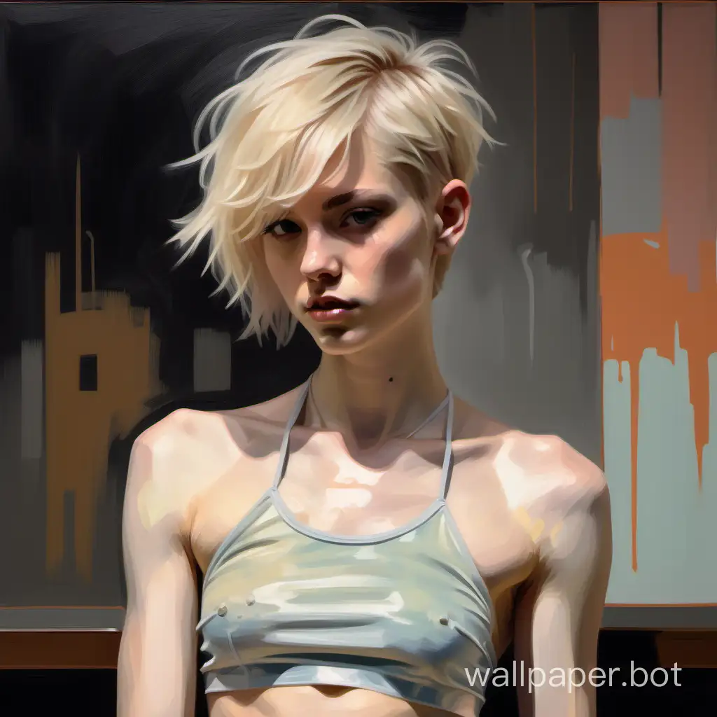 A painting of a pretty, pale-skinned slim, petite, young blonde lesbian with her hair cut very short, in a messy, boyish style with a fringe. The aesthetic of a fine art painting, with visible brush strokes. She is flat-chested. She wears a cropped halter top with a high neck, and little panties. She has a toned, muscular physique. A softly lit retro-modern cocktail bar. The colour palette is subdued and subtle, pale pastel shades