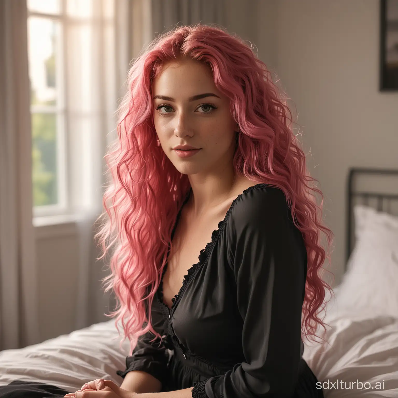 full body photo ((extremely attractive) ) woman, long curly vibrant pink hair, perfect eyes, (freckles:0. 2, light makeup, black blouse, long dress clothes, sitting on the end of her bed in her bedroom, gorgeous smile, bright sunlight coming through the windows, sheer curtains diffusing the sunlight . large depth of field, deep depth of field, highly detailed, highly detailed, 8k sharp focus, ultra photorealism