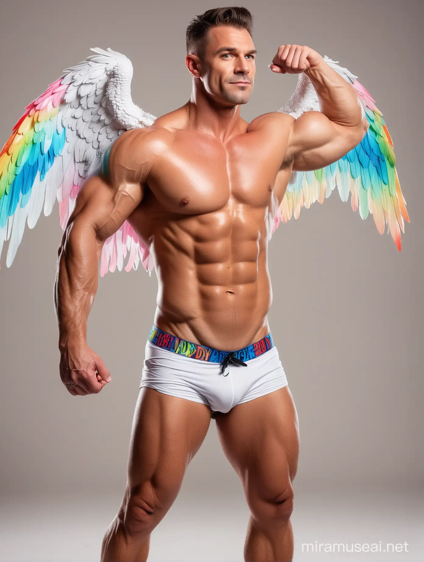 Studio Light Topless 30s Ultra Chunky IFBB Bodybuilder Daddy wearing Multi-Highlighter Bright Rainbow with white Coloured See Through Eagle Wings Shoulder LED Jacket Short shorts left arm Flexing Bicep Up Pose