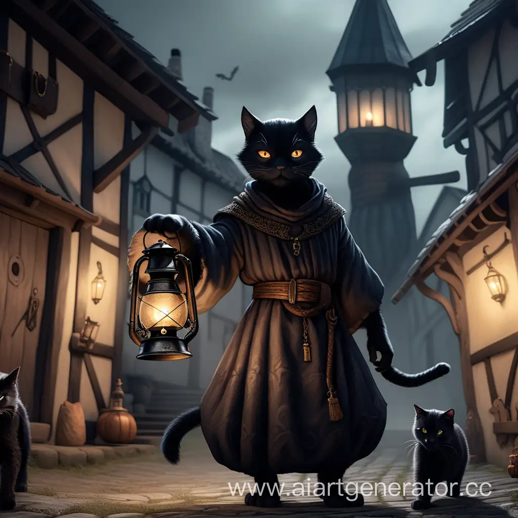  black humanoid cat in medieval clothes, oil lantern in hand, uncanney valley, monsters on the background chasing the main character