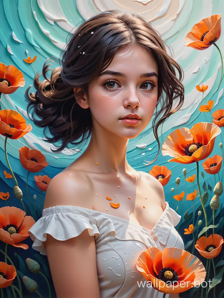 textured oil painting Impasto, (portrait of a girl - a bird in the style of Raul Guerra, a whirlpool of a swirling composition, day and night, summer landscape, voluminous poppy flowers), cinematic, hyper-realistic contour, gentle, atmospheric, sharp focus, complex background, soft haze, masterpiece, beautiful, very detailed, with a cracked, sometimes flaking impasto texture, surreal, super detailed, clear illustration.