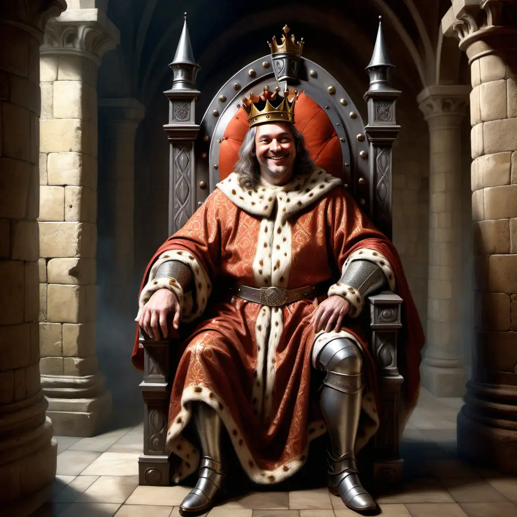 malovaná ilustrace,realistická ilustrace, postava krále, je usměvavý, starý,sedí na trůně, trůní sál na hradě, atmosféra středověku