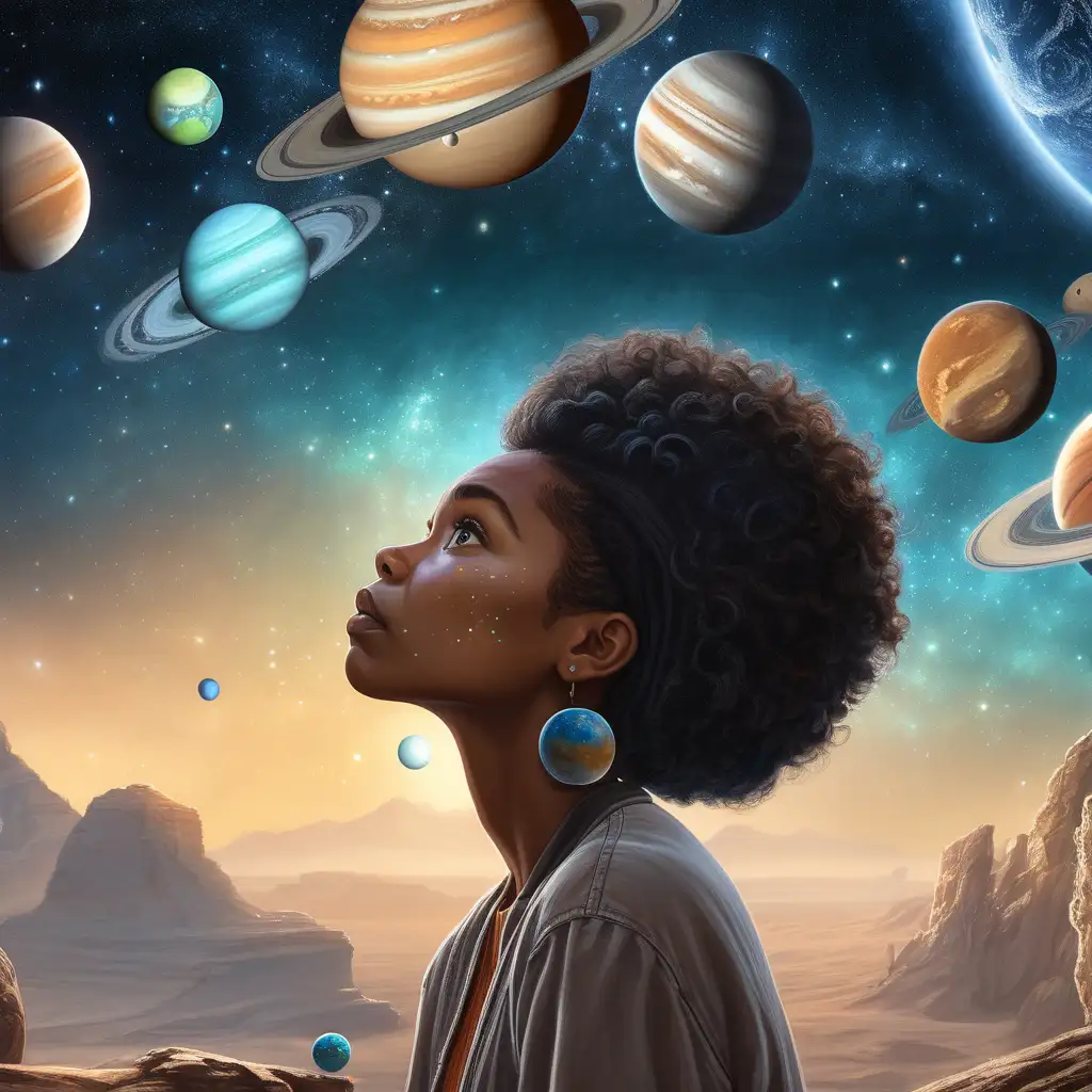 mixed black woman staring at the sky as multiple planets appear