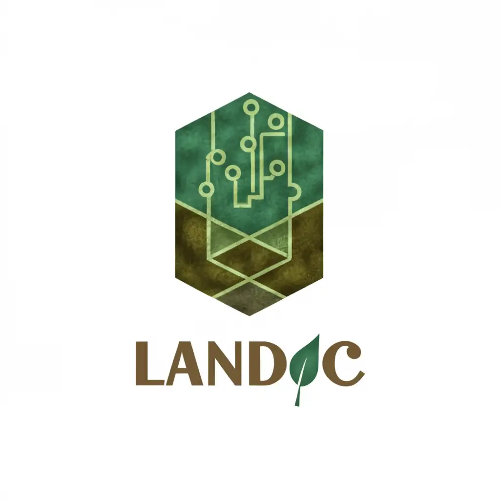 a logo design, with the text 'Landic', main symbol:•	Iconography: A stylized representation of land or earth to symbolize real-world assets, intertwined with a digital or abstract element that represents blockchain technology.	•	Color Palette: Earthy tones like greens and browns to represent the land, complemented by blues or metallic hues to signify technology and trust.	•	Typography: Modern and clean font that conveys stability and professionalism. The typeface should be easy to read yet distinctive enough to create a strong brand recall.	•	Versatility: The logo should be scalable, working well in various sizes and across different mediums, from digital platforms to physical marketing materials.

Imagery:

The primary imagery could be a combination of a leaf or a tree, which are universal symbols of growth and sustainability, merged with a subtle grid pattern or circuit lines that suggest technology.
Alternatively, a globe or an abstract land shape with a digital pulse or data points flowing through it could represent the global reach and technological backbone of LANDIC.
Symbolism:

The intertwining of natural and digital elements should not only represent the merging of these two worlds but also suggest harmony and a forward-thinking approach.
The logo should evoke a sense of trust and longevity, reassuring investors of the stability and future-proof nature of their investment.
