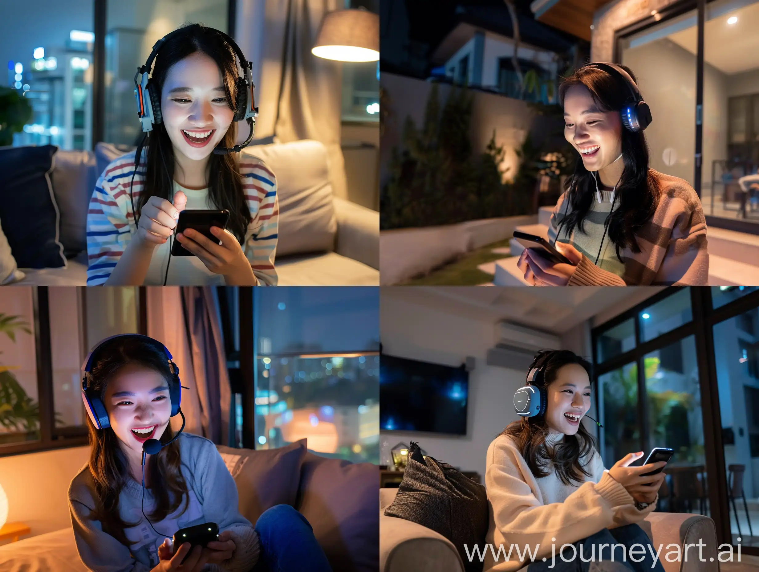 Young-Asian-Woman-Gaming-on-Smartphone-in-Modern-Nighttime-Setting