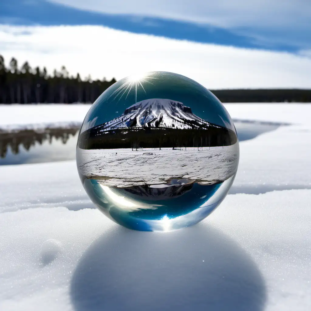 A glass marble sitting in the snow with the reflection of Yellowstone Old Faithful geyser 