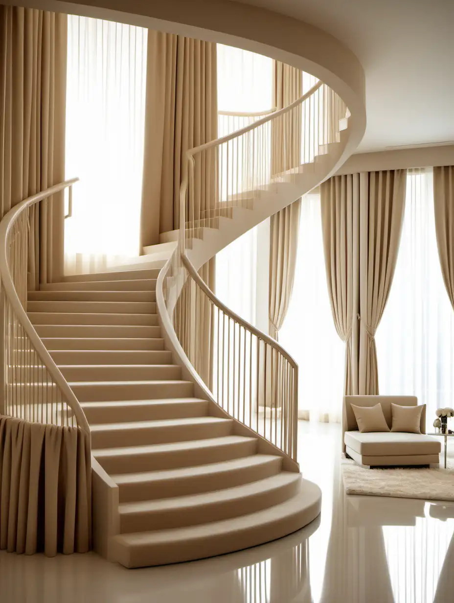 Luxurious Beige and MilkColored Interior with Staircase and Coordinated Curtains