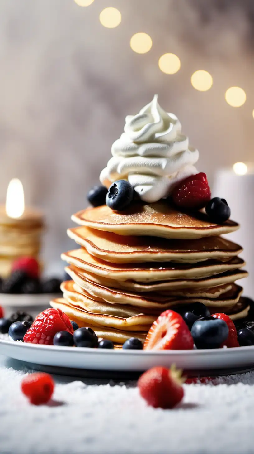 A stack of homemade pancakes with berries, whipped cream on a festive background, cinematic, professional