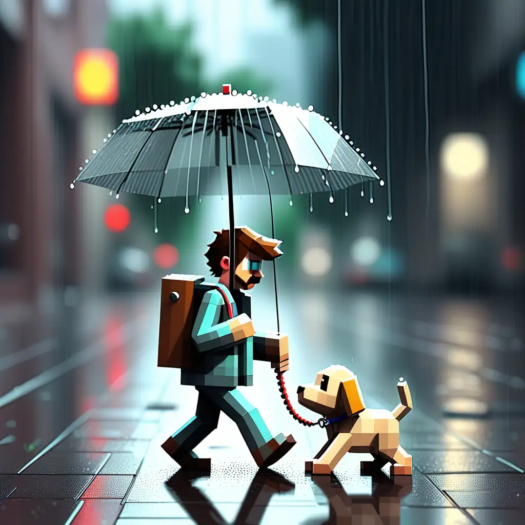 Малко пиксел човече разхожда пиксел кученце на каишка под дъжда