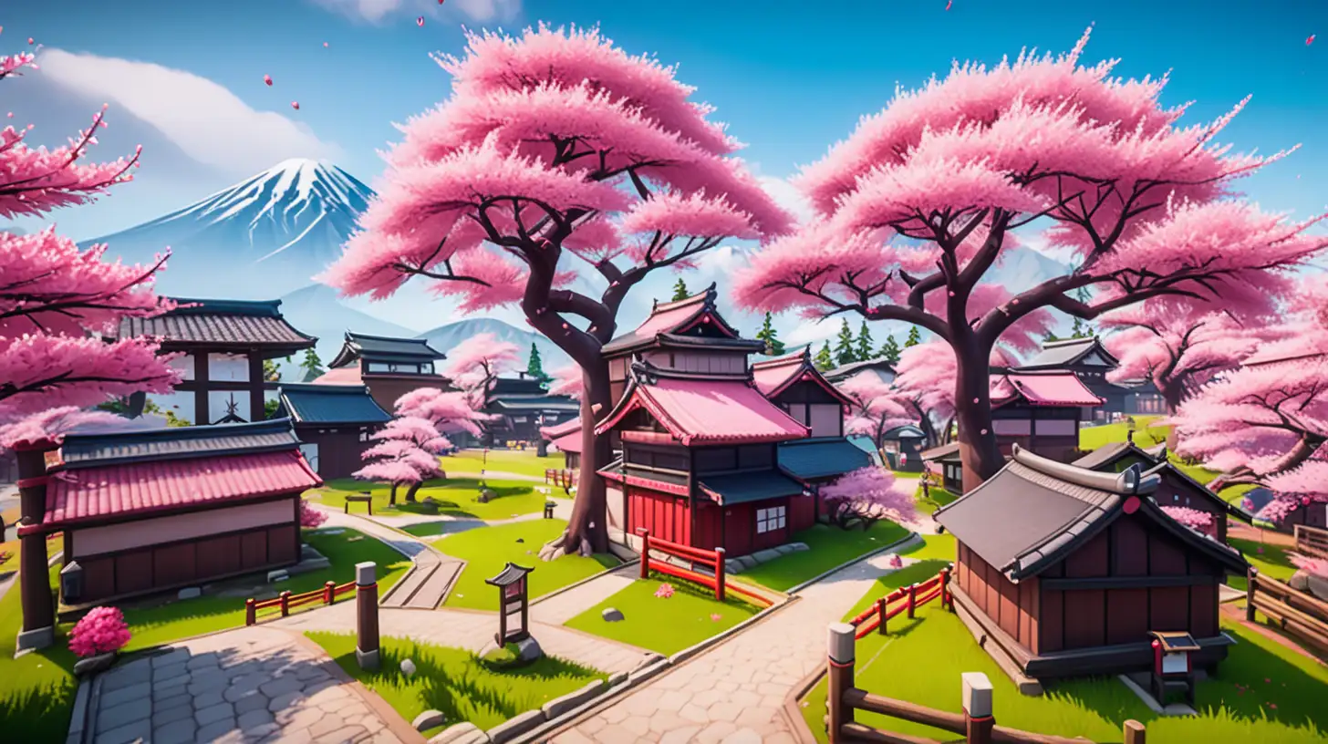 Japanisches Dorf mit Kirschblütenbäumen in Fortnite Stil
