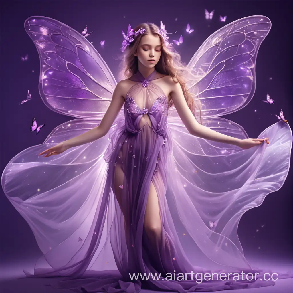 beautiful girl with transparent wings like a butterfly, wearing a purple long dress