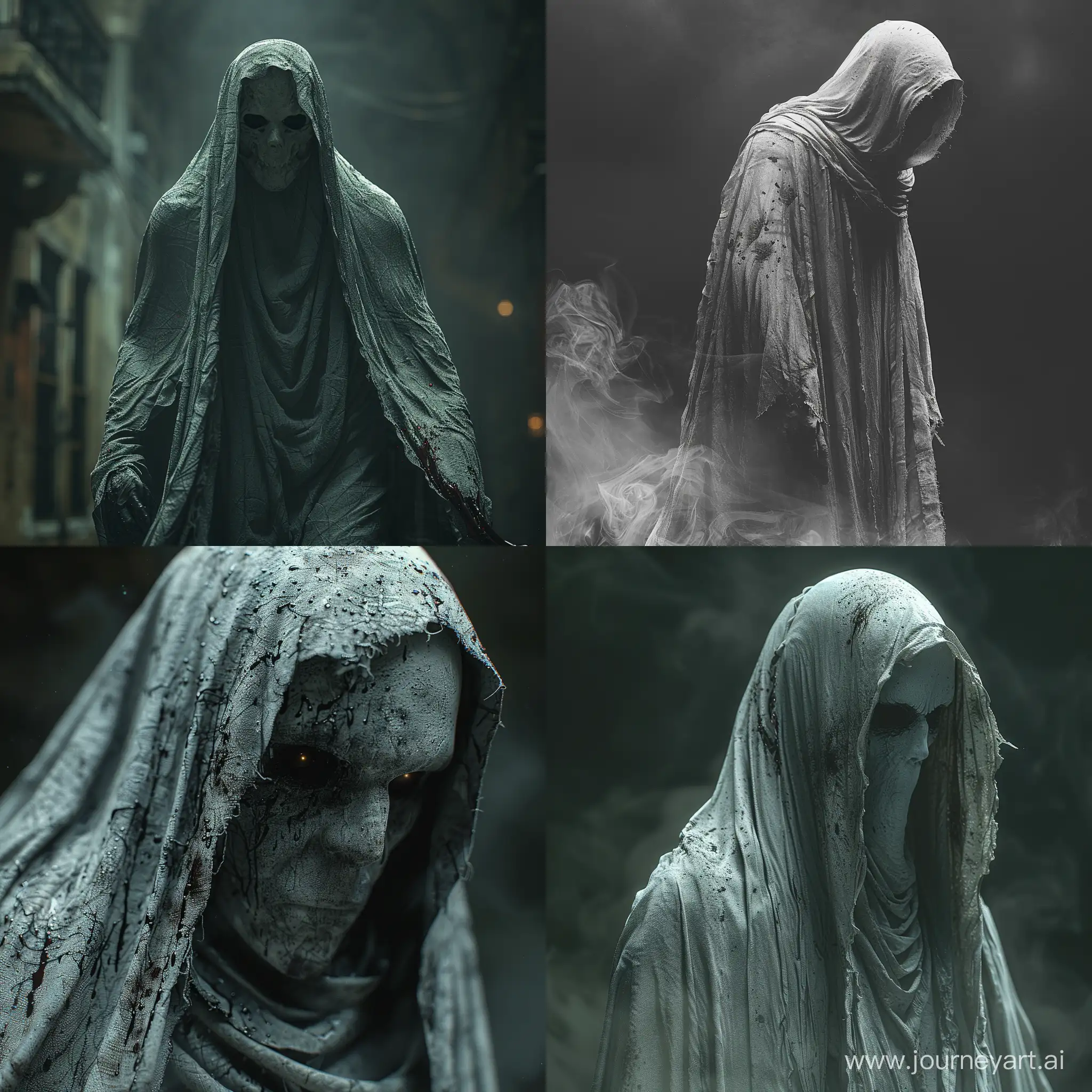 realistic ghost, looking down, cinematic, dark, prime 1 studio, (awe-inspiring:1.1), majestic, pompous, (floating in mid-air:1.5), (leviating:1.5), extreme detailed, flowing cape, chiaroscuro, harsh shadows, bloody highly detailed --style raw --stylize 750