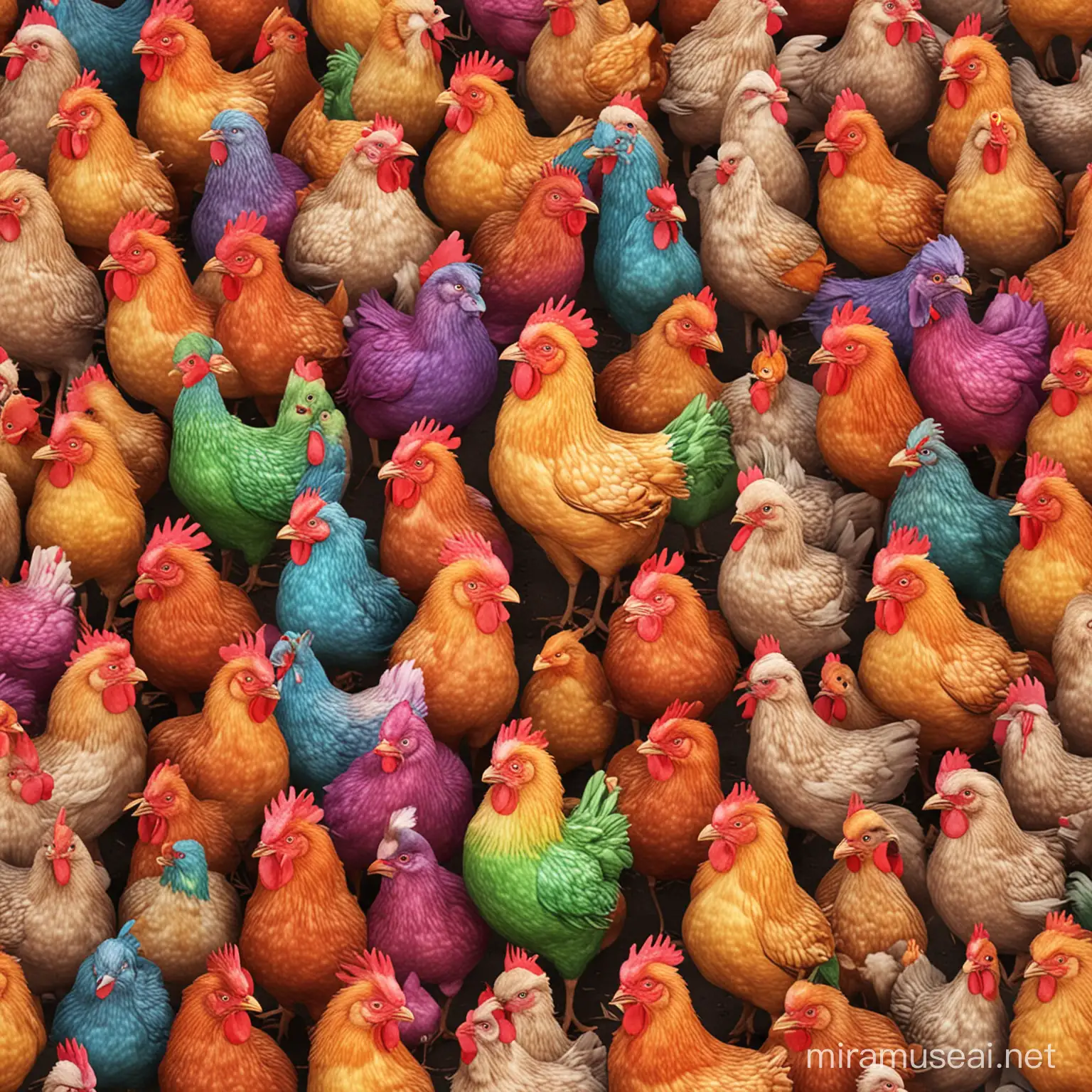 Playful Animated Colorful Chickens Frolicking in a Vibrant Meadow