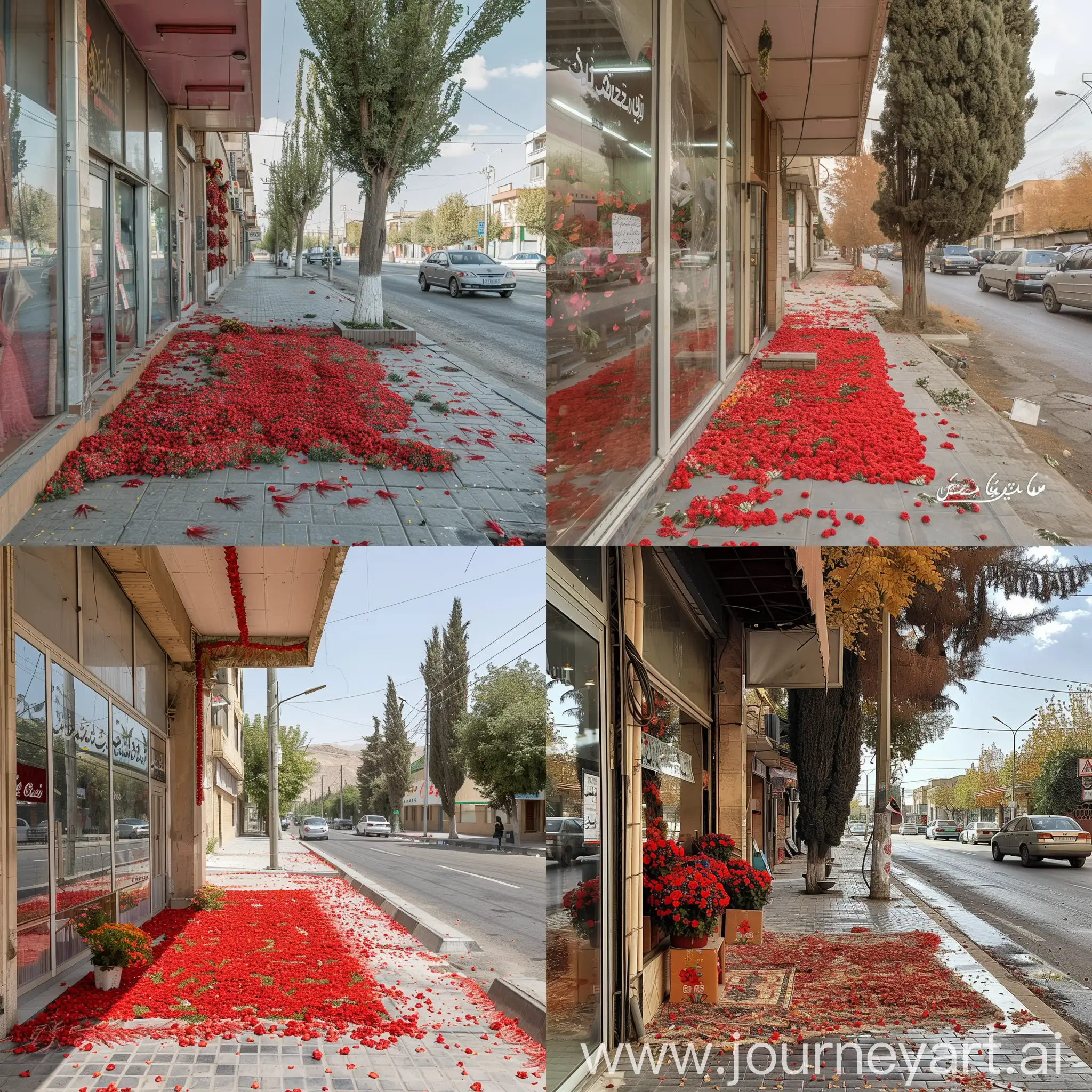 A flower shop on the side of Faculty Street in Urmia, Iran, where the distance between the shop and the street is the sidewalk, with red flowers that are full of flowers and small flower leaves are thrown on the ground and the floor is decorated. From this decoration, it is like a Qamzai carpet with flower feathers spread between the street and the shop, which is rectangular in shape, the width of the rectangle in front of the shop door. There is a tall tree every five to six meters on the sidewalk. We also have cars like Pride, Samand and Peugeot on the street.