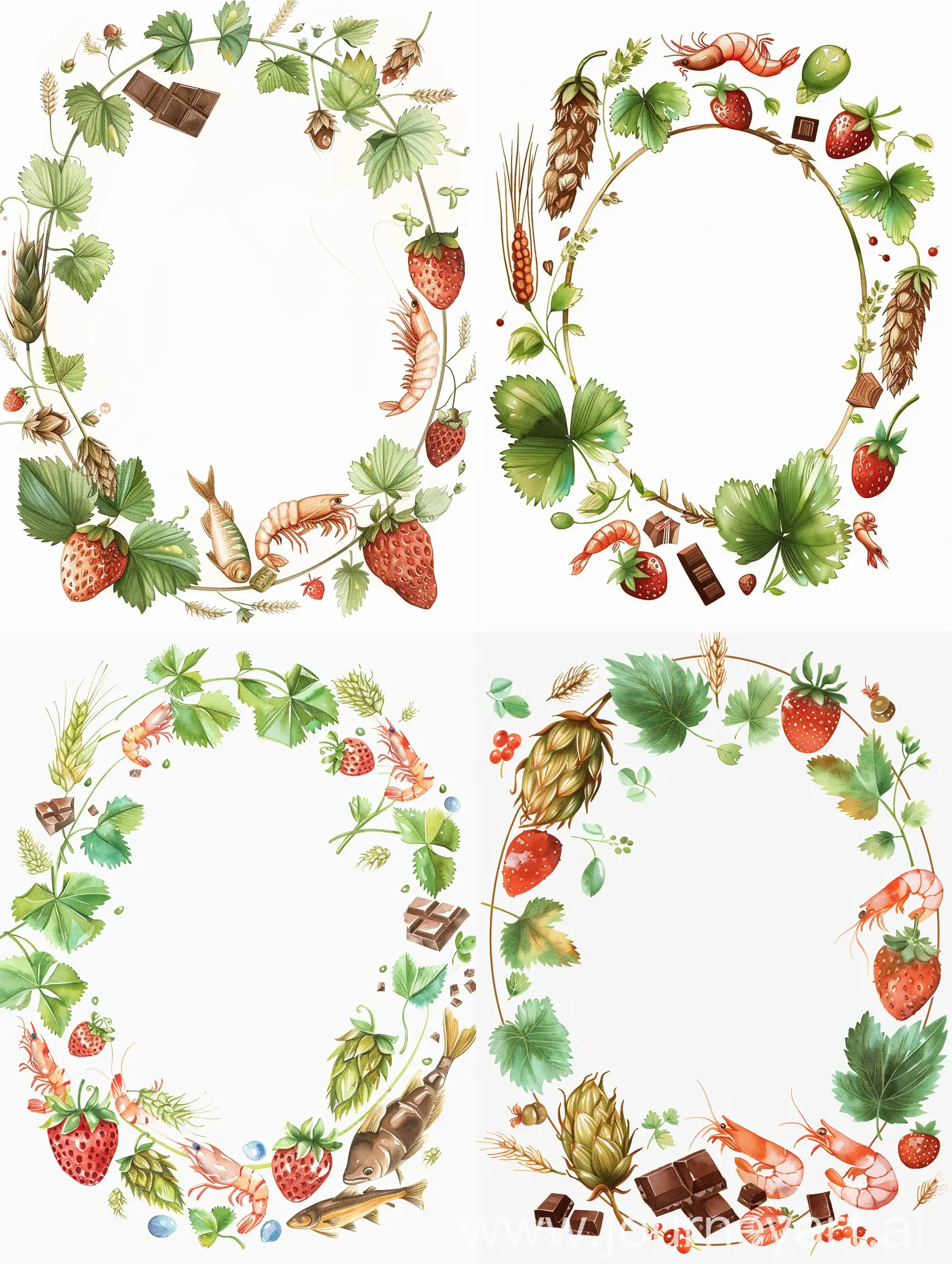 Delicate-Oval-Frame-Illustration-with-Hop-Leaves-Barley-Seafood-and-Chocolate-on-White-Background