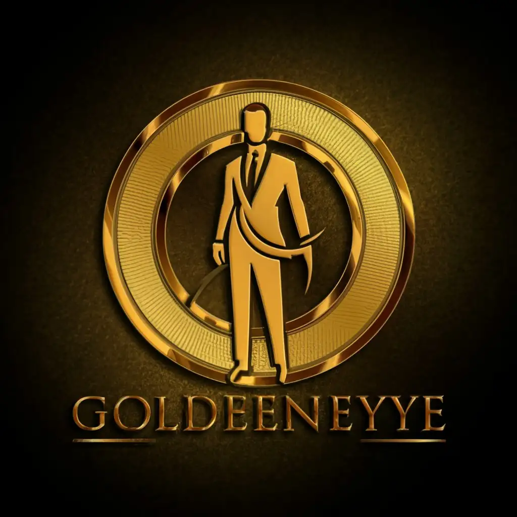 a logo design,with the text 'GOLDENEYE', main symbol:Gold, man in suit, circle,complex,clear background