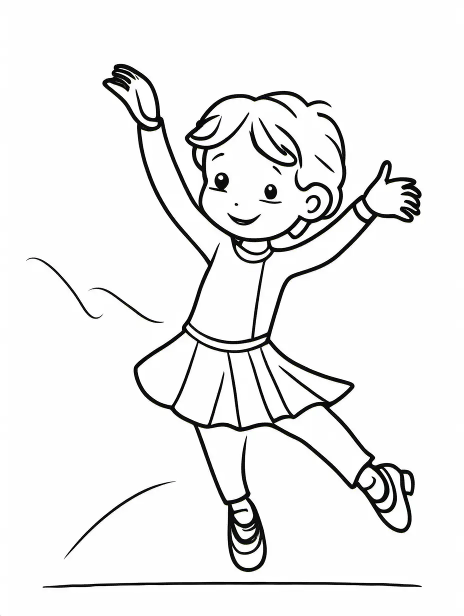 extremely simple black line drawing of a child dancing,
 on white background, coloring book for toddlers, 