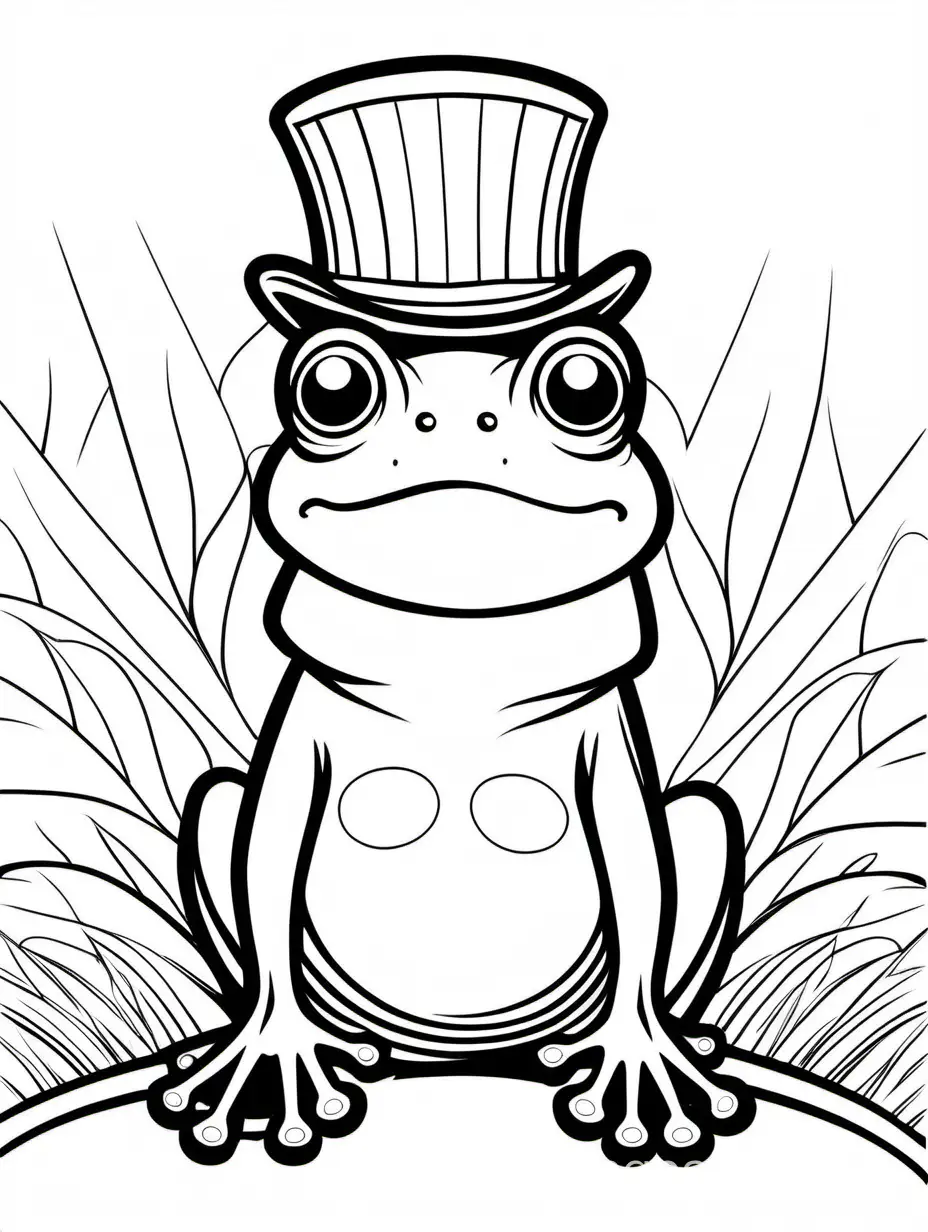 Frog with top hat, coloring page, black and white, linear art, white background, simplicity, ample white space. The background of the coloring page is plain white to make it easy for young children to color within the lines. The outlines of all the subjects are easy to distinguish, making it simple for kids to color without too much difficulty. Coloring Page, black and white, line art, white background, Simplicity, Ample White Space.