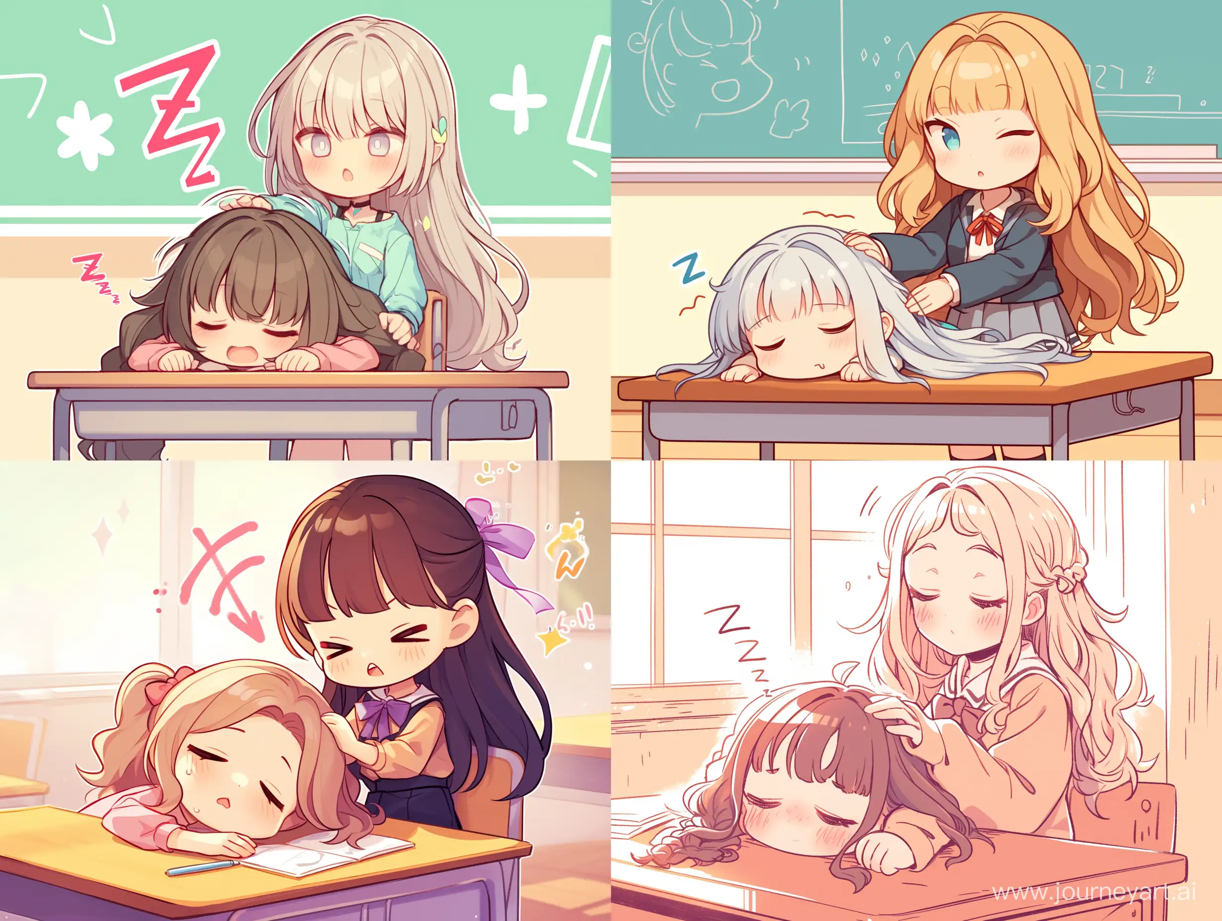 2 girls, Keera - a girl with long hair sleeps on a table in a class, slightly chibi style,  Beside Keera is Astrid, Astrid shakes Michel to wake her up , motion line, best quality, front view, they sit at the same table  --niji 6