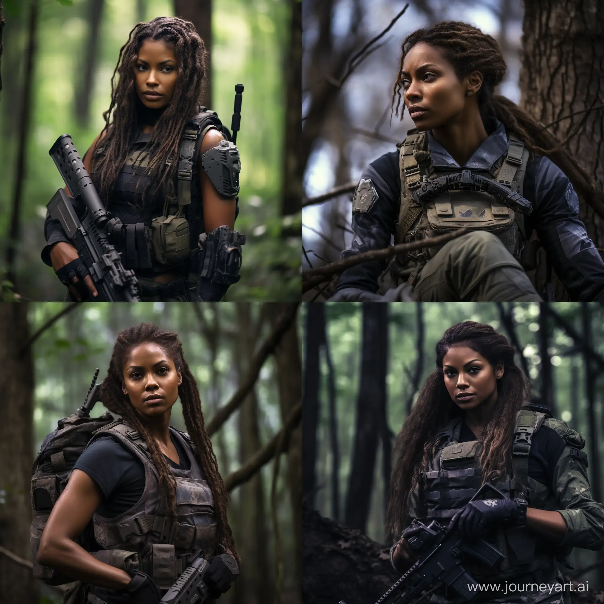 Hyper realistic photo of beautiful darkskinned female Sheva Alomar in S.T.A.L.K.E.R black tactical equipment dead trees dark forest