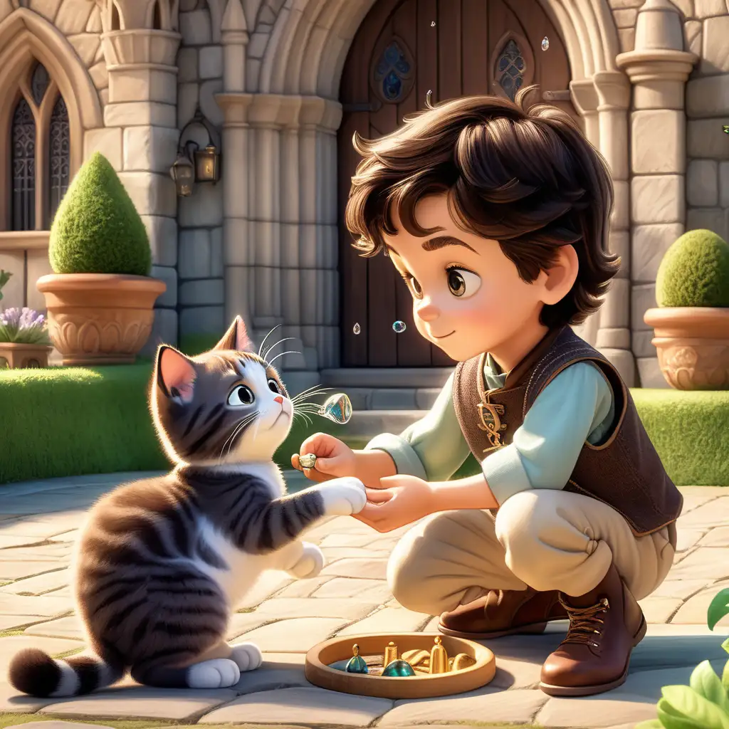 a charming three-year-old prince boy with dark brown hair and adorable big, expressive eyes and slightly protruding ears, is feeding a cute cat in a medieval setting, there are some wooden toys, The backdrop showcases a picturesque garden with a fountain in front of a palace. Aim for a Pixar-style rendering.