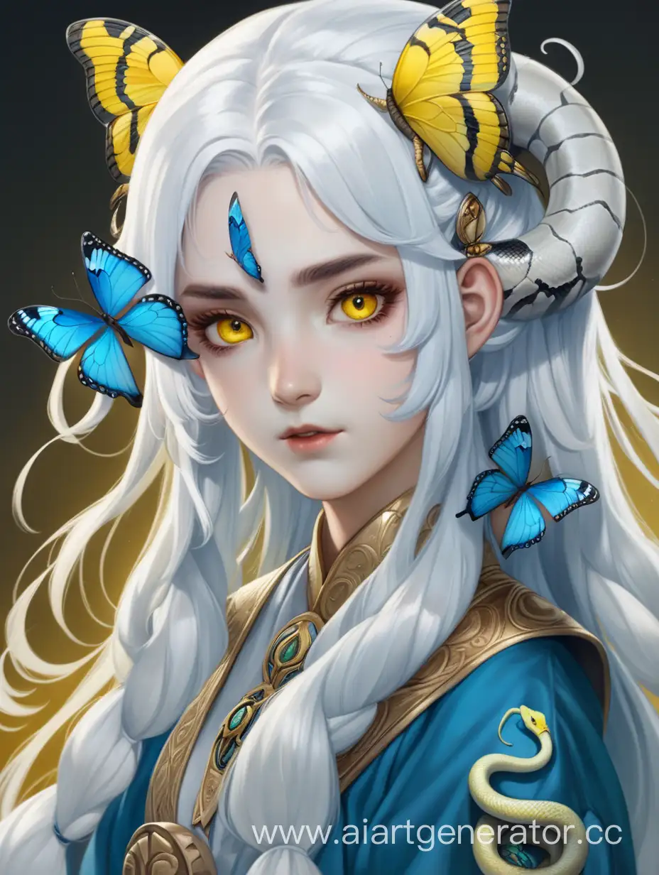 Девушка с белыми волосами и светлой кожей. Желтые глаза со змеиными зрачками. Одета в белое сараси. В волосах заколка в виде голубой бабочки. 