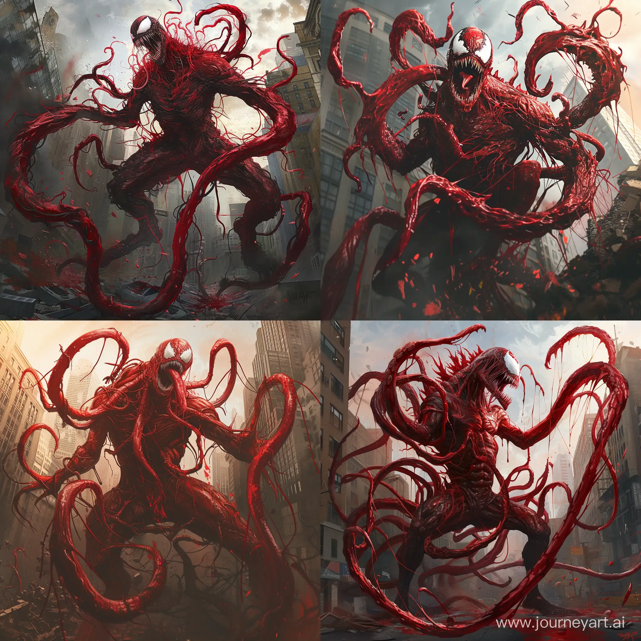 perfect mix between Carnage from Marvel and Godzilla, with Carnage's red tentacles protruding from his entire body, destroying city, blood, epic, (cataclysmic, white eyes like venom, gargantuan, taller than buildings, oversized, gigantic:1.9), absurdres, best quality, fantasy style


,(intricate details), (hyperdetailed), 8k hdr, high detailed, lot of details, high quality, soft cinematic light, dramatic atmosphere, atmospheric perspective
