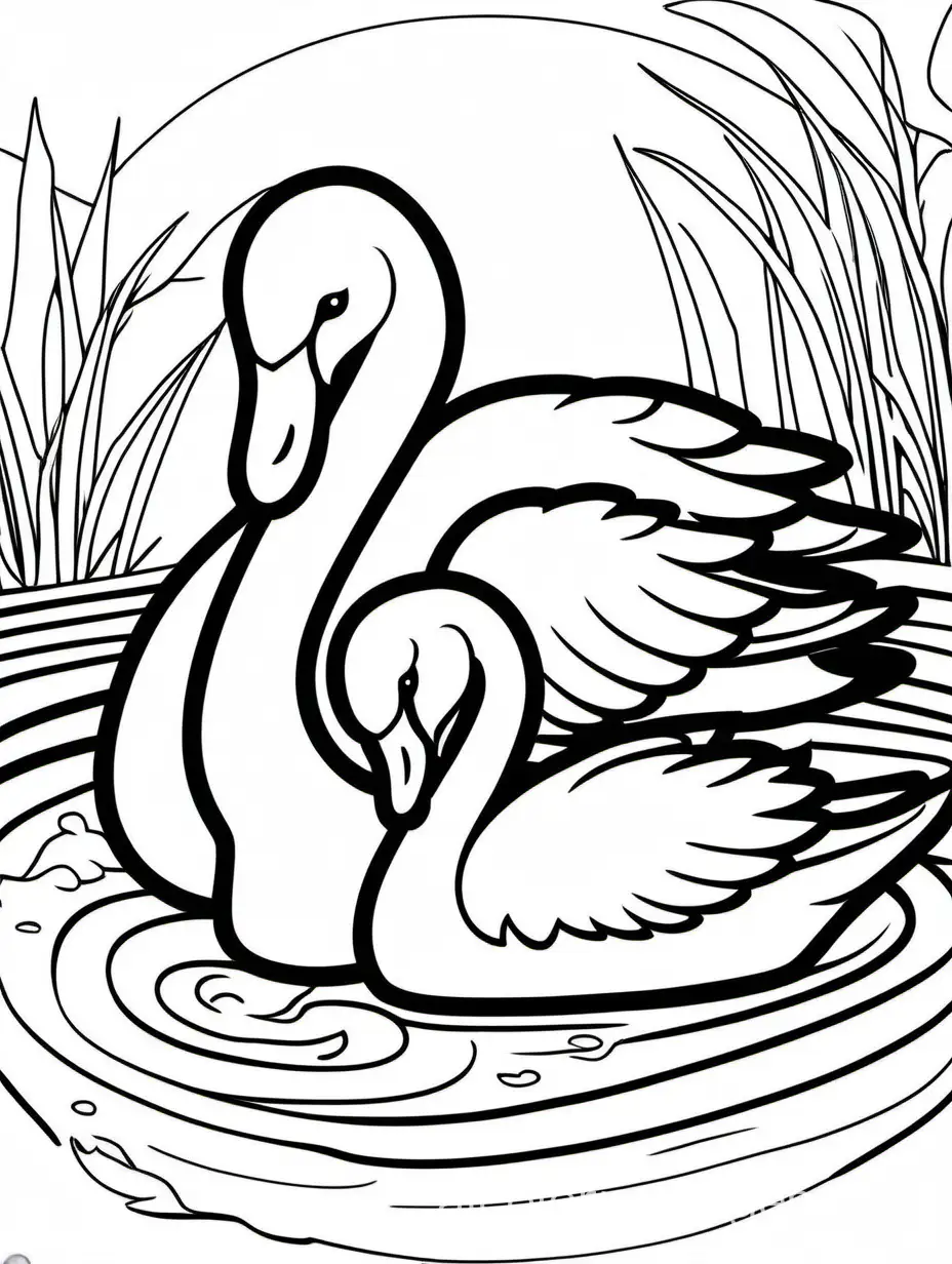 cuteSwan with his Cygnet  for kids, Coloring Page, black and white, line art, white background, Simplicity, Ample White Space. The background of the coloring page is plain white to make it easy for young children to color within the lines. The outlines of all the subjects are easy to distinguish, making it simple for kids to color without too much difficulty