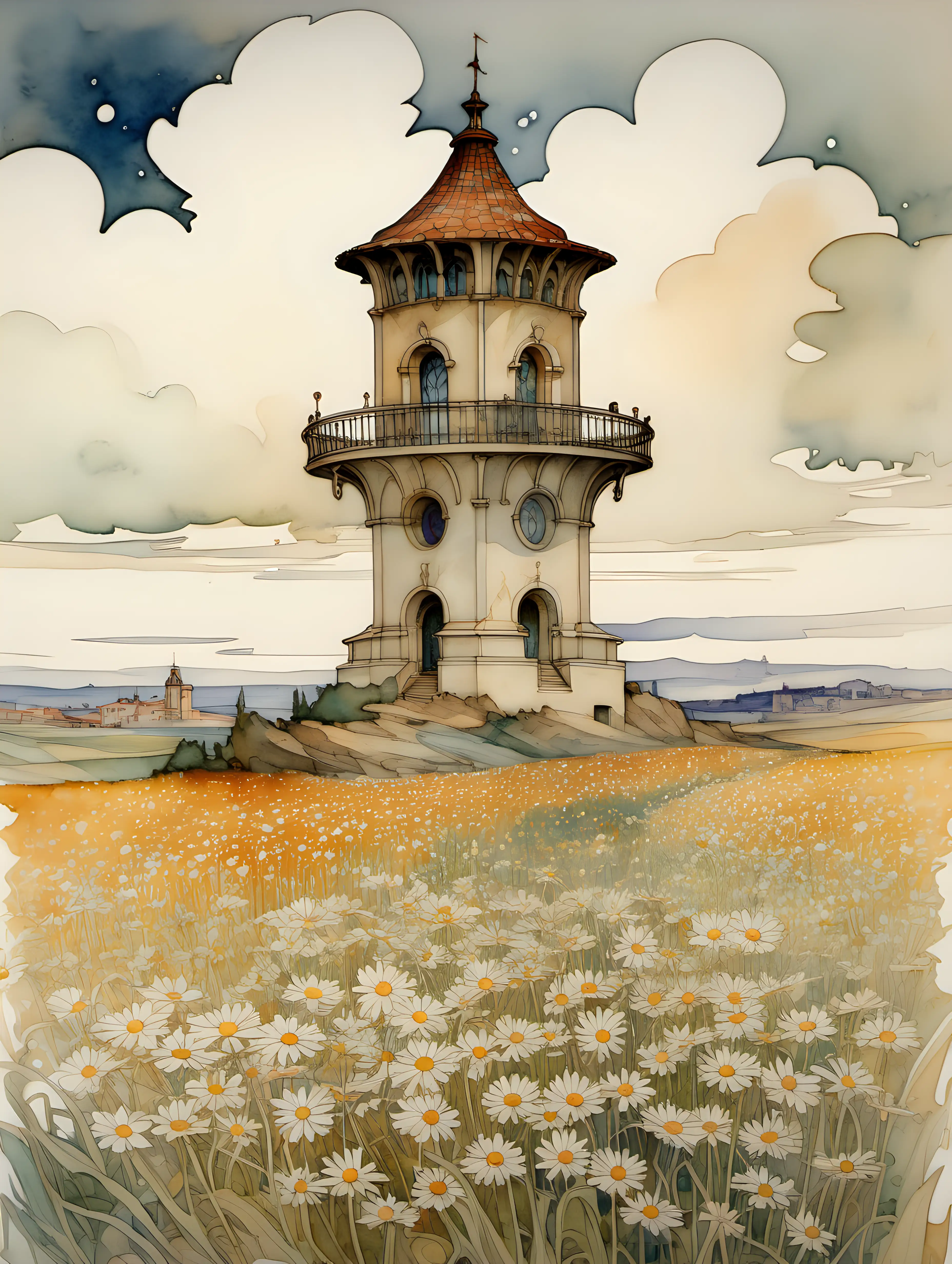 impresionistic daisy field watercolor Alphonse Mucha style colors muted horizon with a watchtower catalan style 16th century catalan medieval artifacts