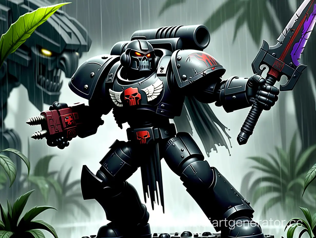Космодесантник из Гвардии Ворона с прыжковым ранцем и мечом, на фоне джунглей с дождём сражается с трансформерами