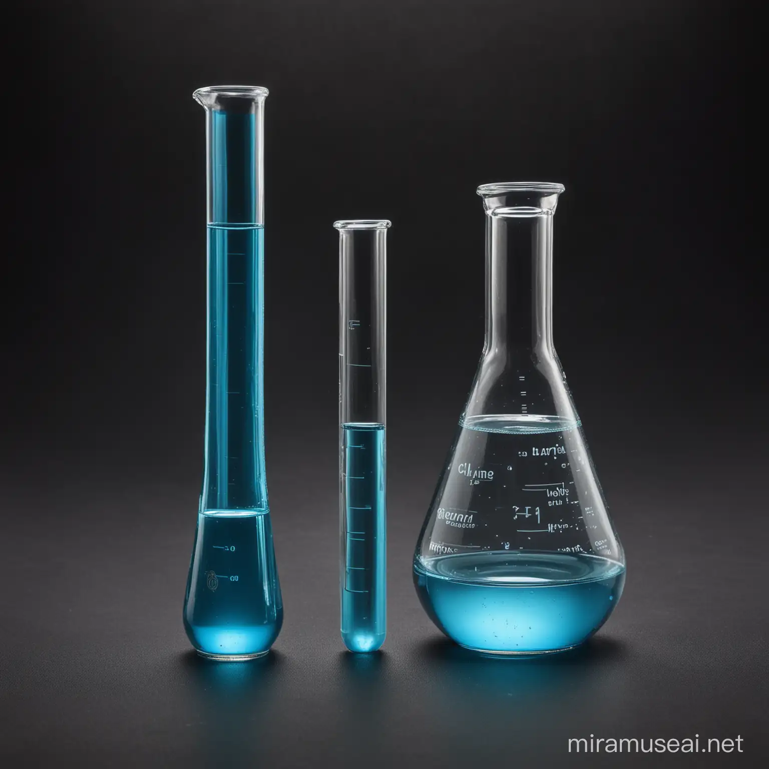 blue test tube and flask in the middle of black background