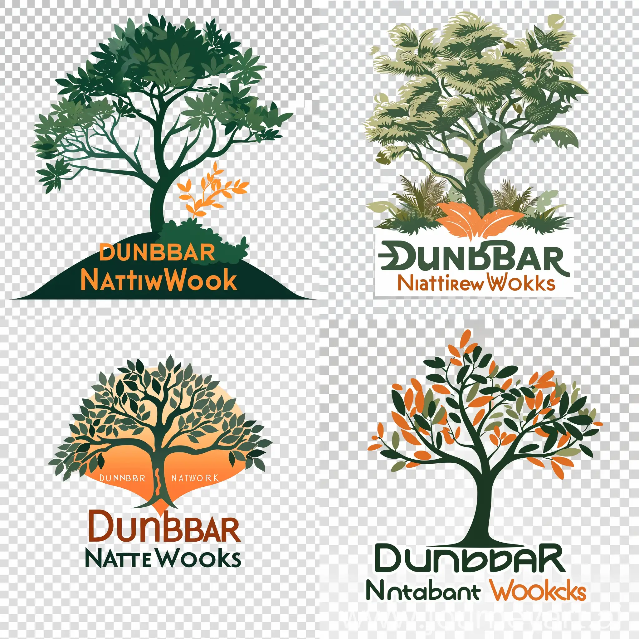 Design a visually captivating logo for "Dunbar NatureWorks," featuring a stylized tree with lush foliage to symbolize nature and growth, set against a transparent background. Beneath the tree, use a clean and modern font to write "Dunbar" in a bold green color, representing the landscape aspect, and "NatureWorks" in a warm orange tone, suggesting creativity and innovation. Ensure the design is simple yet elegant, aiming for a visually appealing and memorable logo that reflects the essence of the business while maintaining transparency for versatile application across various media.