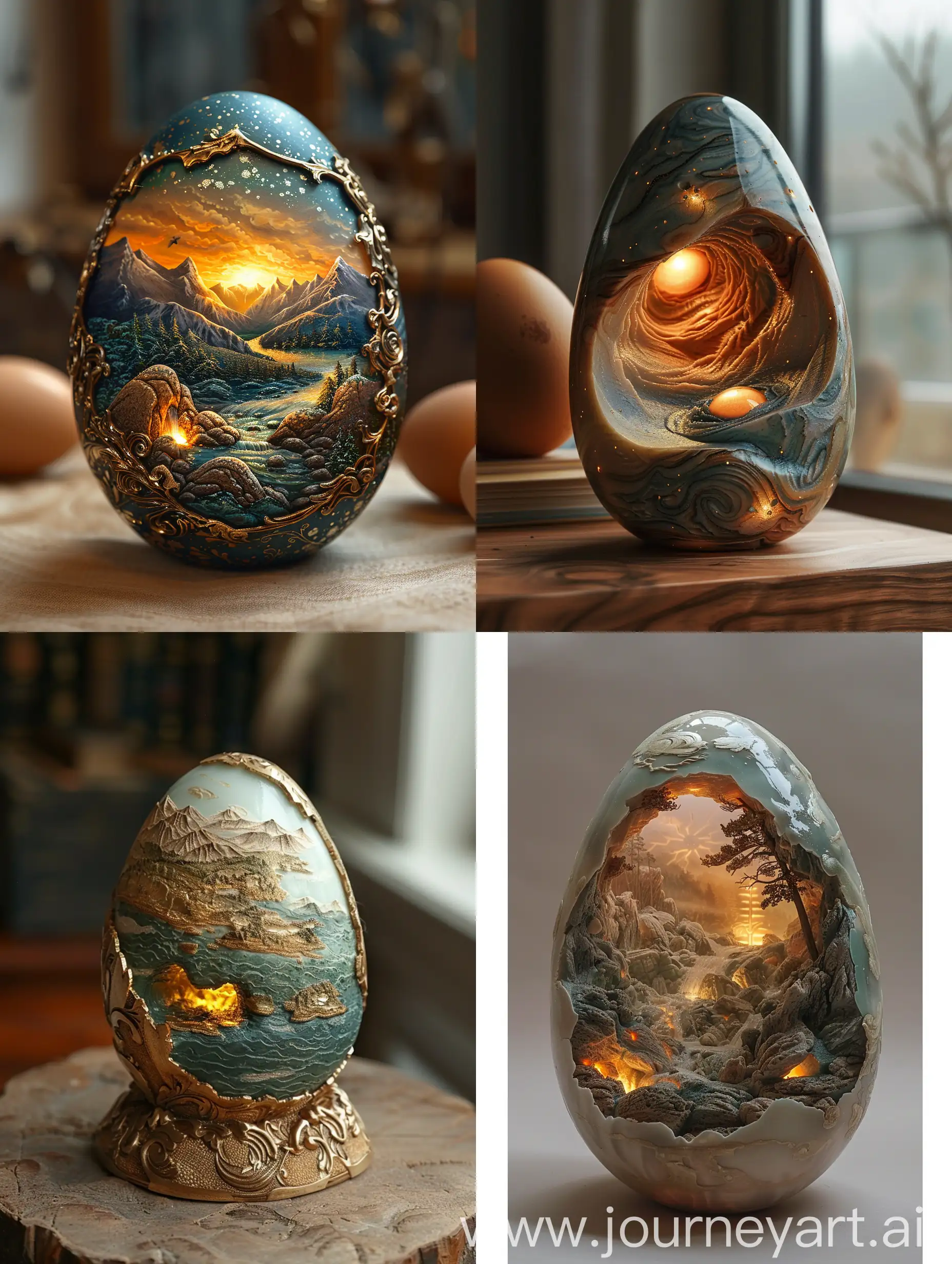 Carving , painting on egg , the micro <world>, lighting inside --ar 3:4 --style raw --stylize 750 --v 6
