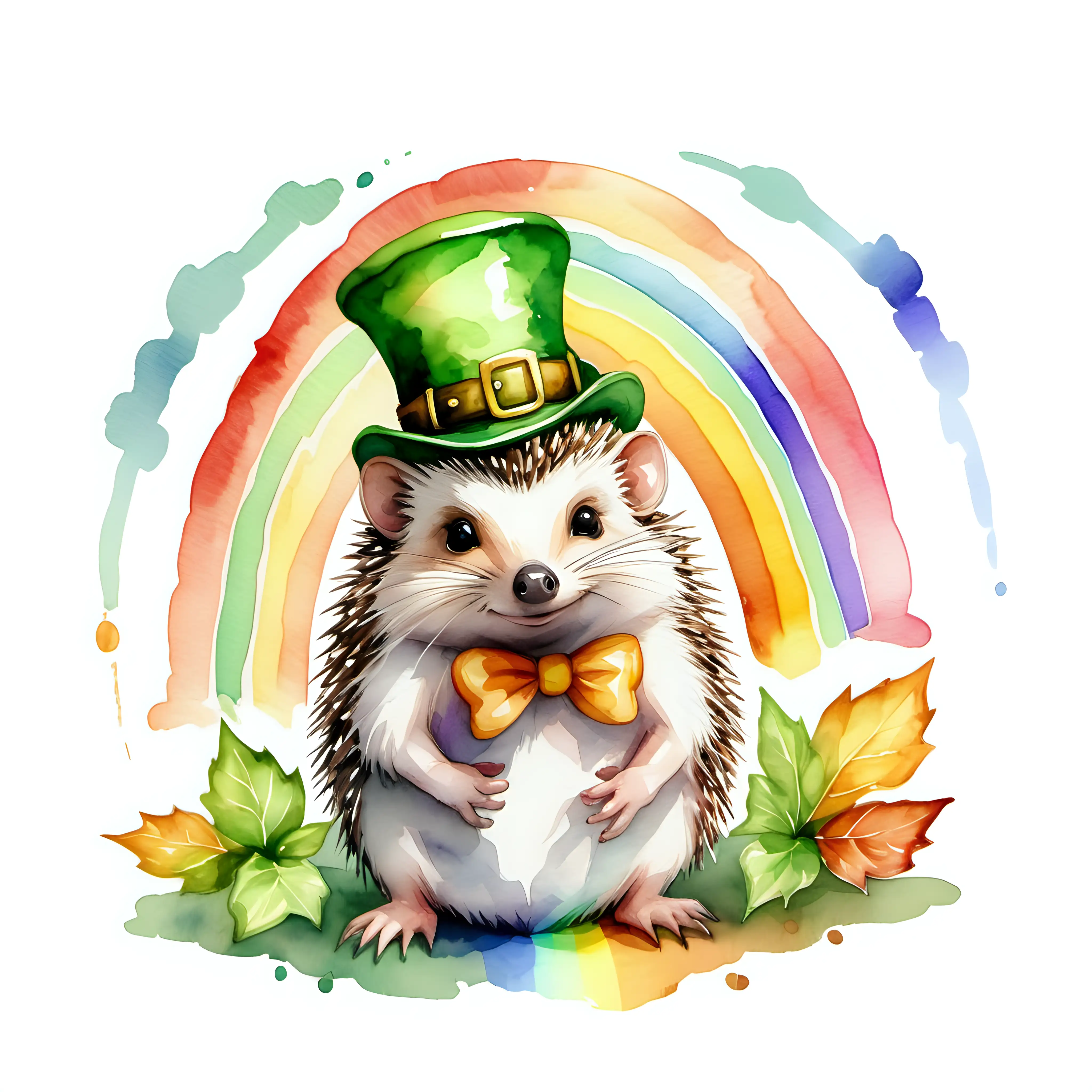 watercolor style, a leprechaun hedgehog in front of a rainbow on a white background.