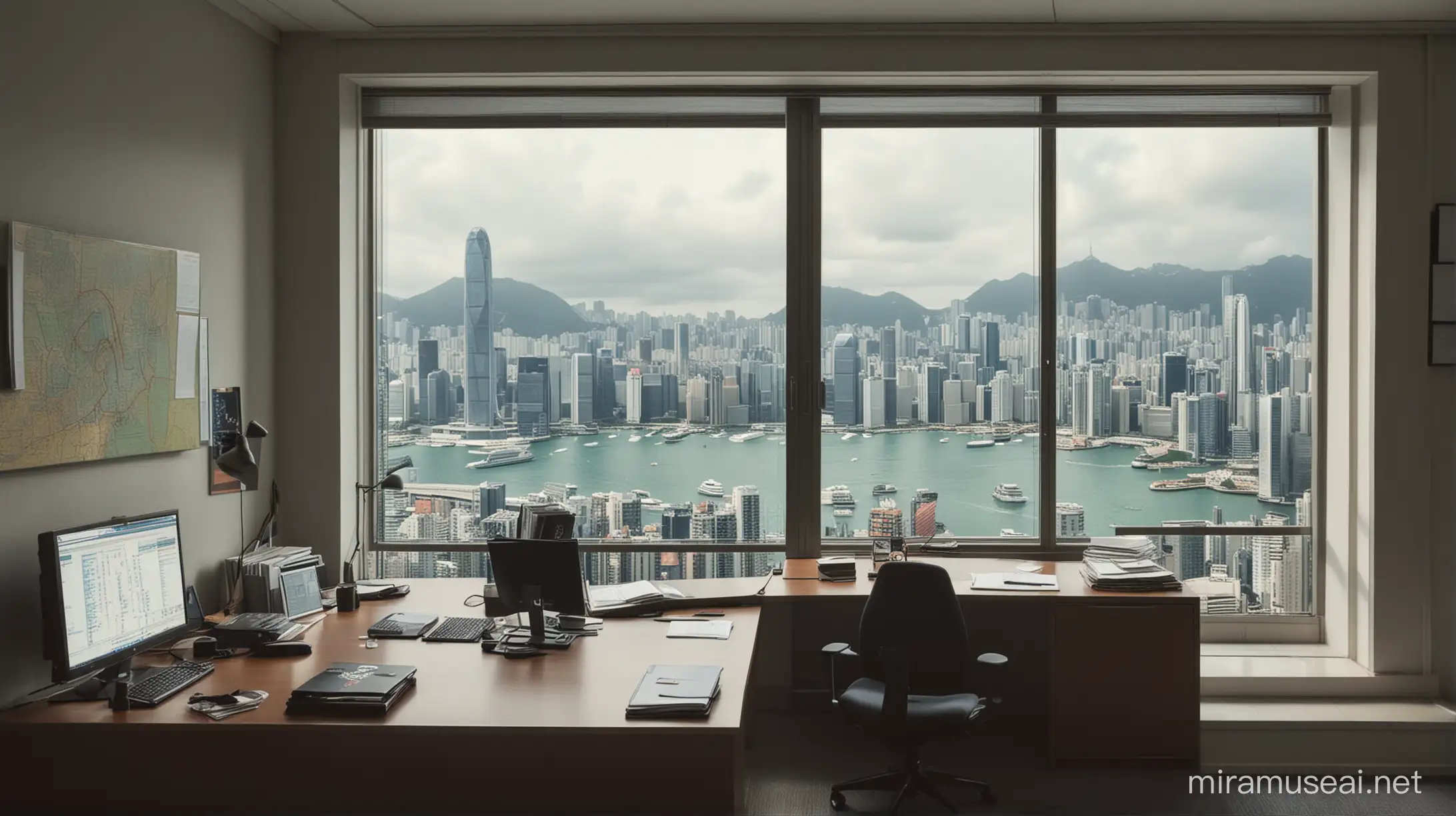 香港办公室里，有落地窗，窗前站着一个银行家，银行家背影，窗外是维多利亚港，办公室内有一张桌子，桌子上是电脑，插画形式