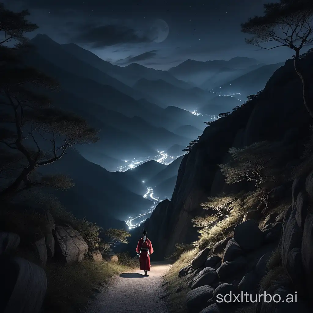 Martial-Arts-Characters-Walking-Along-Mountain-Paths-at-Night