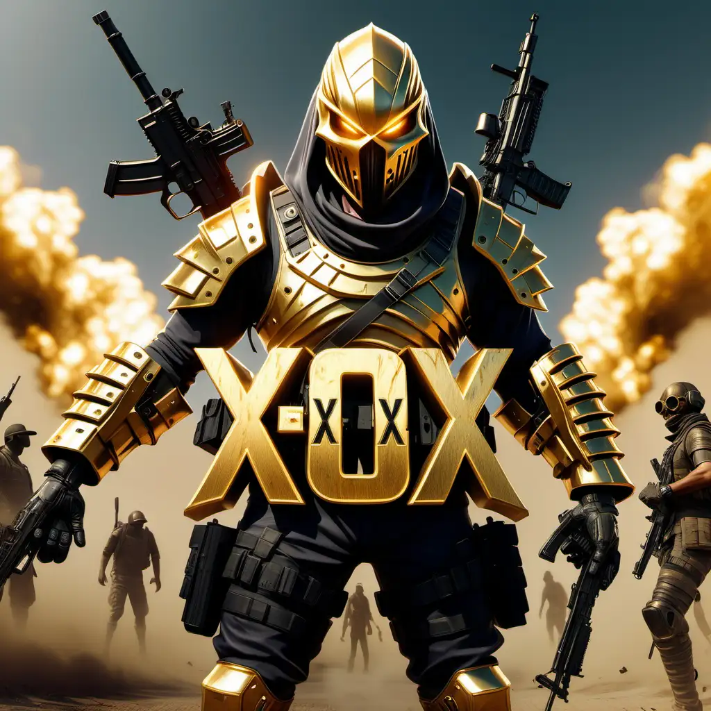 Create a logo of text " XOX " made of elegant gold behind a pubg Charecter with Pharaoh X Suit Mascot holding guns , lot of Guns and Granides , in front of battel field and dead bodies demonic realistic , epic battel background, robotic, nature, full shot, symmetrical, Greg Rutkowski, Charlie Bowater, Beeple, Unreal 5, hyperrealistic, dynamic lighting, fantasy art
