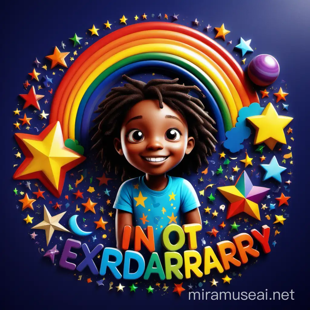 The design features a vibrant and colorful background, perhaps with a rainbow gradient or a starry night sky. In the center of the design, there's a confident and smiling cartoon character, representing a child with autism. This character is depicted with unique features that celebrate diversity, such as different colored eyes or unconventional clothing.  Surrounding the character are various elements that symbolize uniqueness and extraordinariness. This could include stars, planets, puzzle pieces, musical notes, or any other symbols that represent individuality and creativity. The character may also be shown engaging in activities that showcase their talents and interests, such as drawing, playing music, or exploring nature.  The phrase "I'm not different, I'm extraordinary!" is prominently displayed in bold, playful typography, either above or below the character. The letters of the phrase could be filled with patterns or textures that reflect the theme of diversity and uniqueness, adding visual interest to the design.