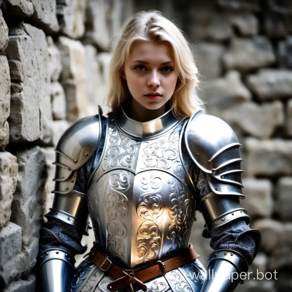 girl, blonde, 25 years old, girl knight, girl in armor, silver armor with a pattern, against a stone wall