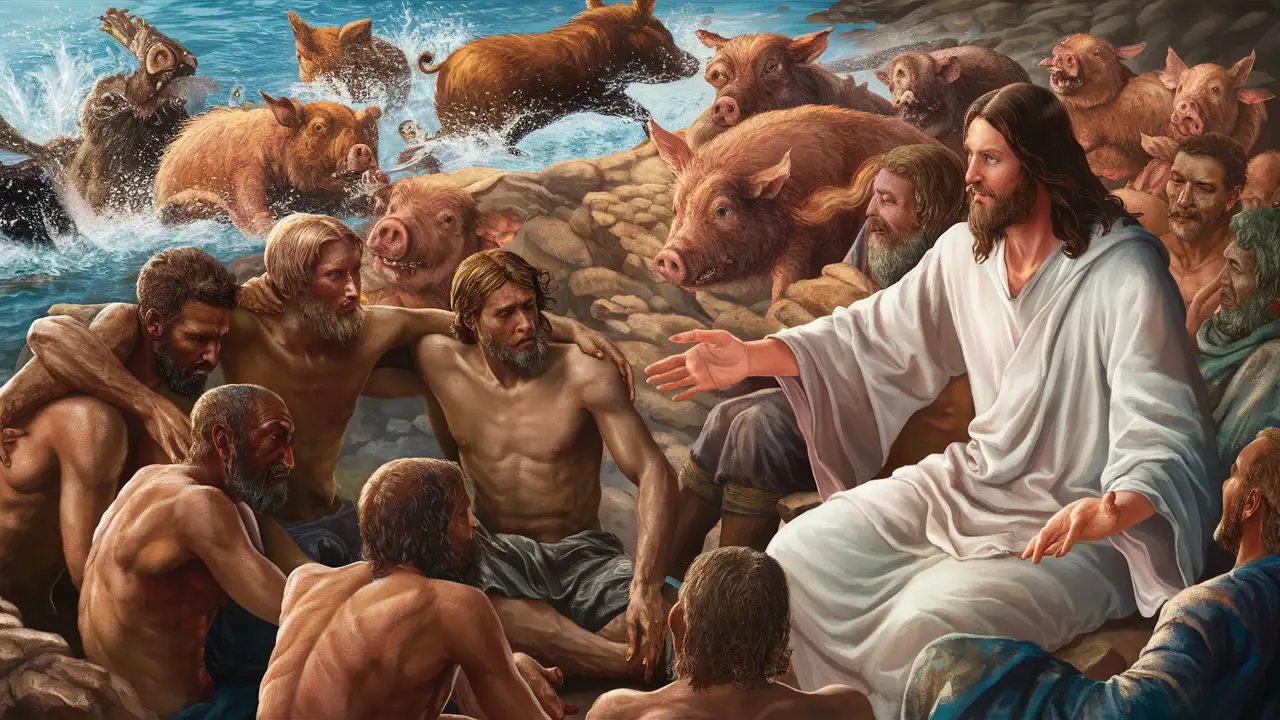 "Illustrate the contrast between the calm restored to the possessed men after Jesus' intervention and the frenzy of the pigs rushing into the lake. Highlight the power and authority of Jesus over both spiritual and natural forces."
