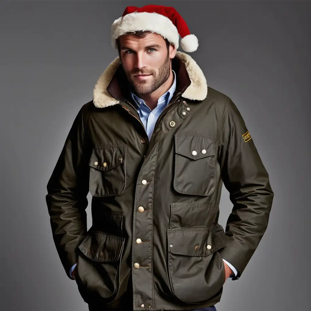I would like to have Santa wearing a Barbour Jacket model Beaufort

Santa should be fit, athletic and young

Make it a bit more christmasy