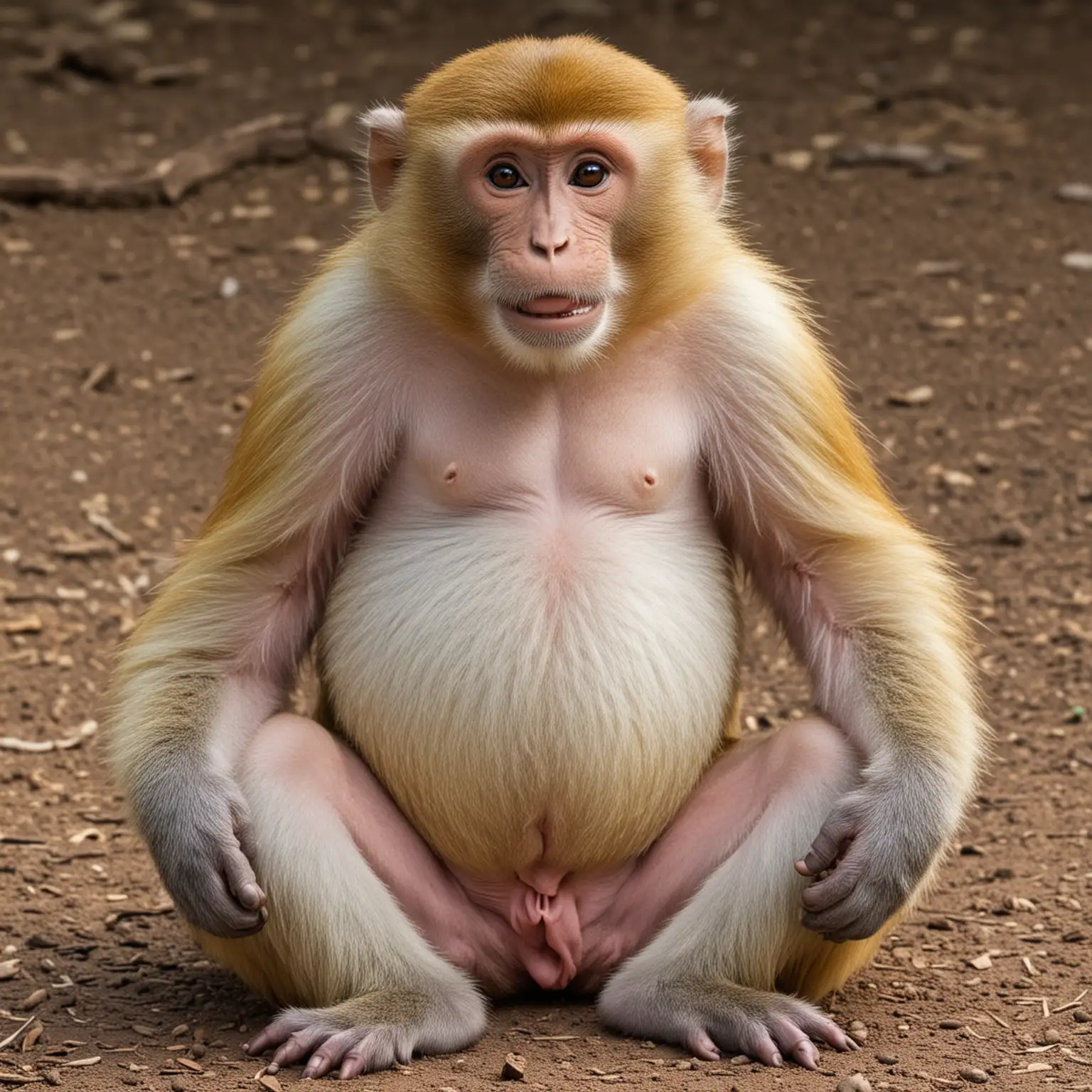 gadająca małpa z olbrzymim brzuchem trzyma się
 za krocze