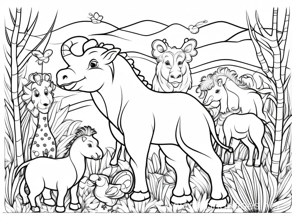 Animals, Coloring Page, black and white, line art, white background, Simplicity, Ample White Space. The background of the coloring page is plain white to make it easy for young children to color within the lines. The outlines of all the subjects are easy to distinguish, making it simple for kids to color without too much difficulty