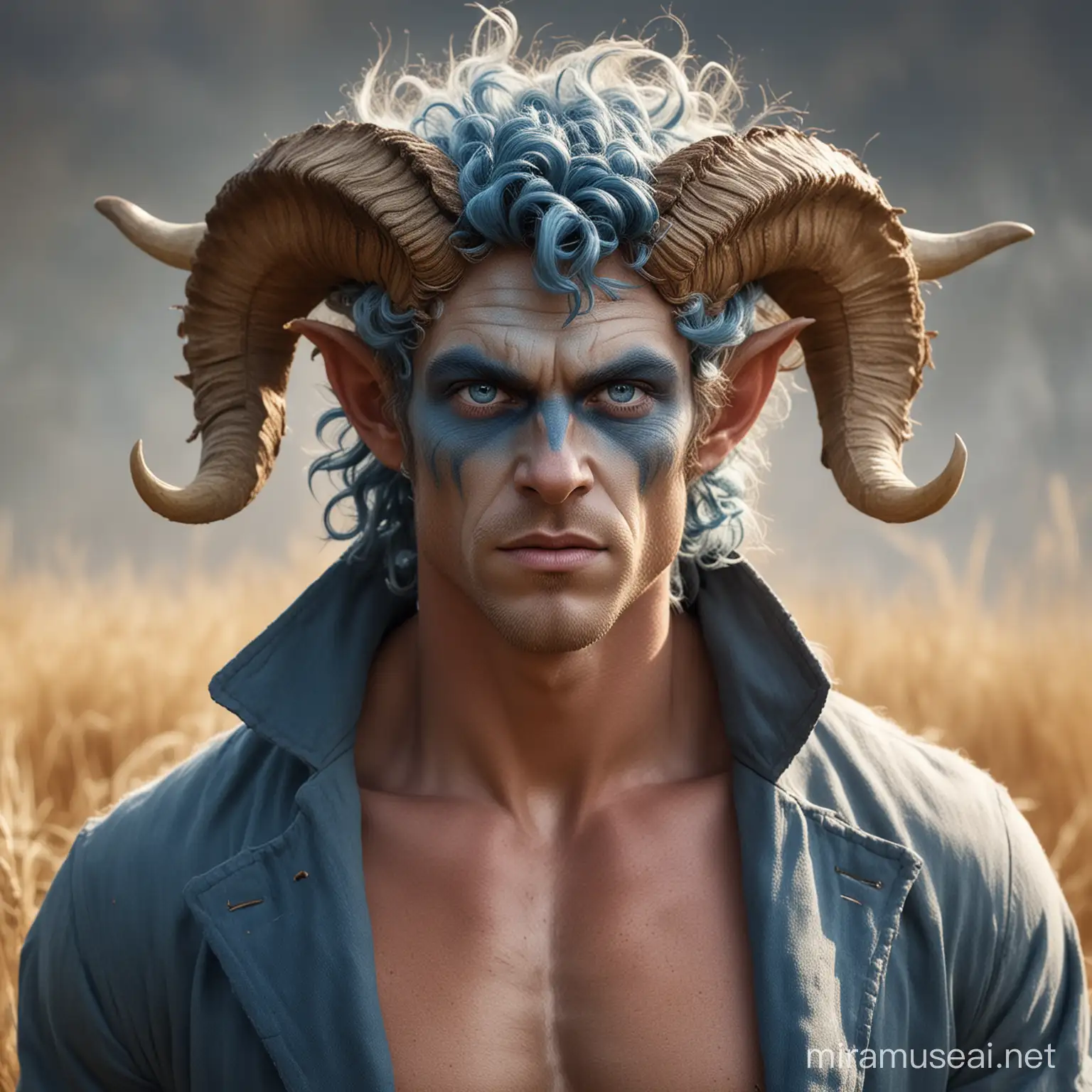 A very muscular mythical faun man with a back-curled horns, a sunburned face, large blue eyes, straw hair, he wears modest blue coat of a farmer, fantasy appearance