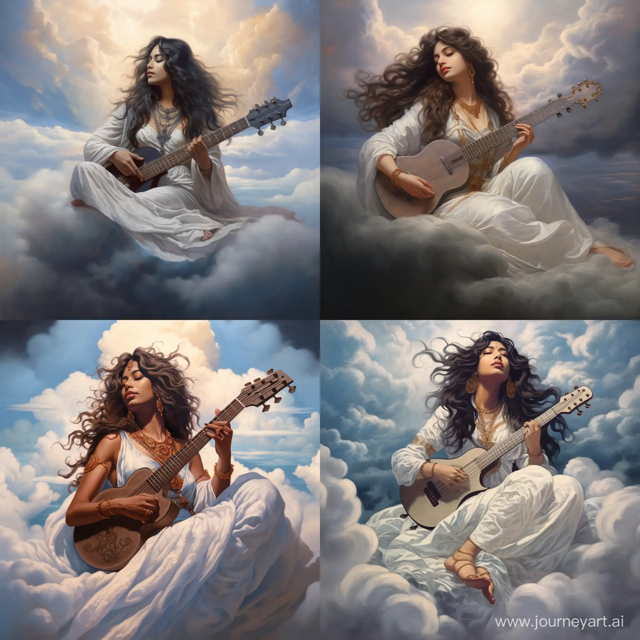 An ethereal woman with long hair made of clouds reading a sitar on a cloud. Highly detailed.