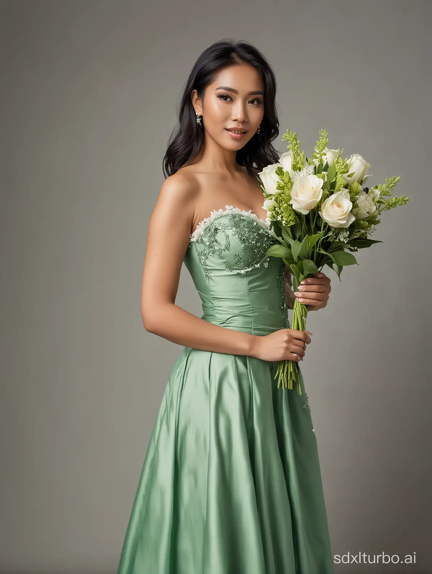 An Indonesian woman wearing a green bustier dress with bridal make-up is standing holding flowers